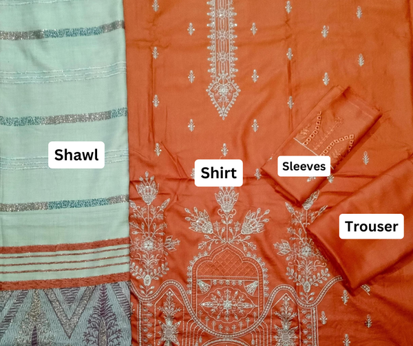 Unstitched DHANAK 3PC FULL EMBROIDERED