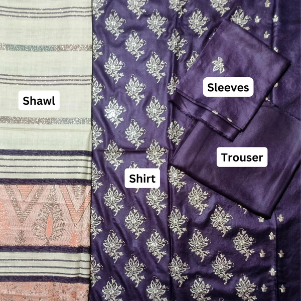 DHANAK 3PC EMBROIDERED SHIRT WITH WOOL SHWAL  & TROUSER