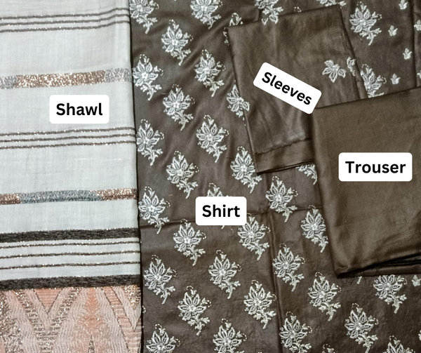 DHANAK 3PC EMBROIDERED SHIRT WITH WOOL SHWAL  & TROUSER