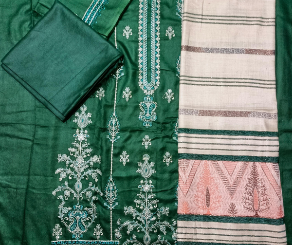 DHANAK 3PC EMBROIDERED SHIRT WITH WOOL SHWAL  & TROUSER