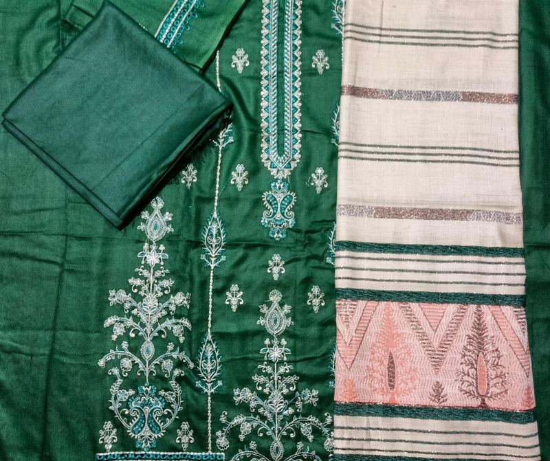 DHANAK 3PC EMBROIDERED SHIRT WITH WOOL SHWAL  & TROUSER