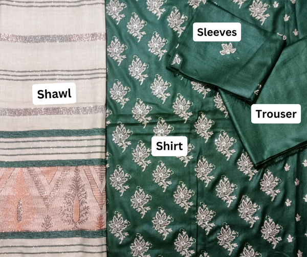 DHANAK 3PC EMBROIDERED SHIRT WITH WOOL SHWAL  & TROUSER