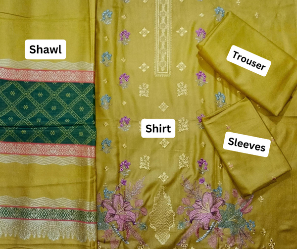 Unstitched DHANAK 3PC FULL EMBROIDERED
