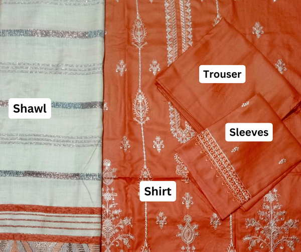 DHANAK 3PC EMBROIDERED SHIRT WITH WOOL SHWAL  & TROUSER