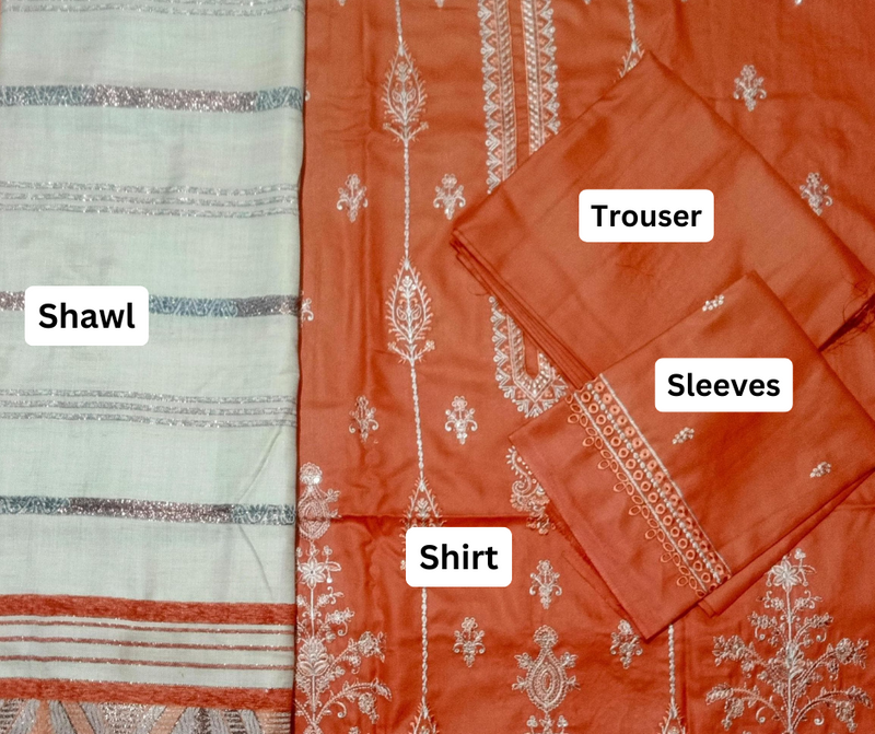 DHANAK 3PC EMBROIDERED SHIRT WITH WOOL SHWAL  & TROUSER