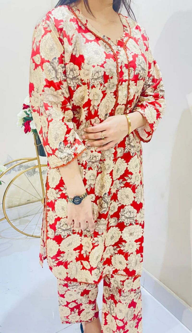 Printed 2pc Suit with Lace Detailing