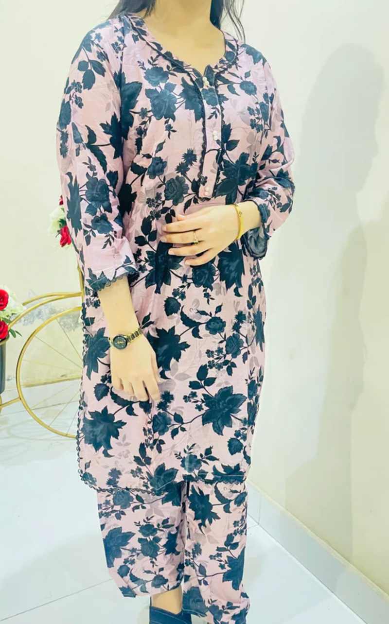 Printed 2pc Suit with Lace Detailing