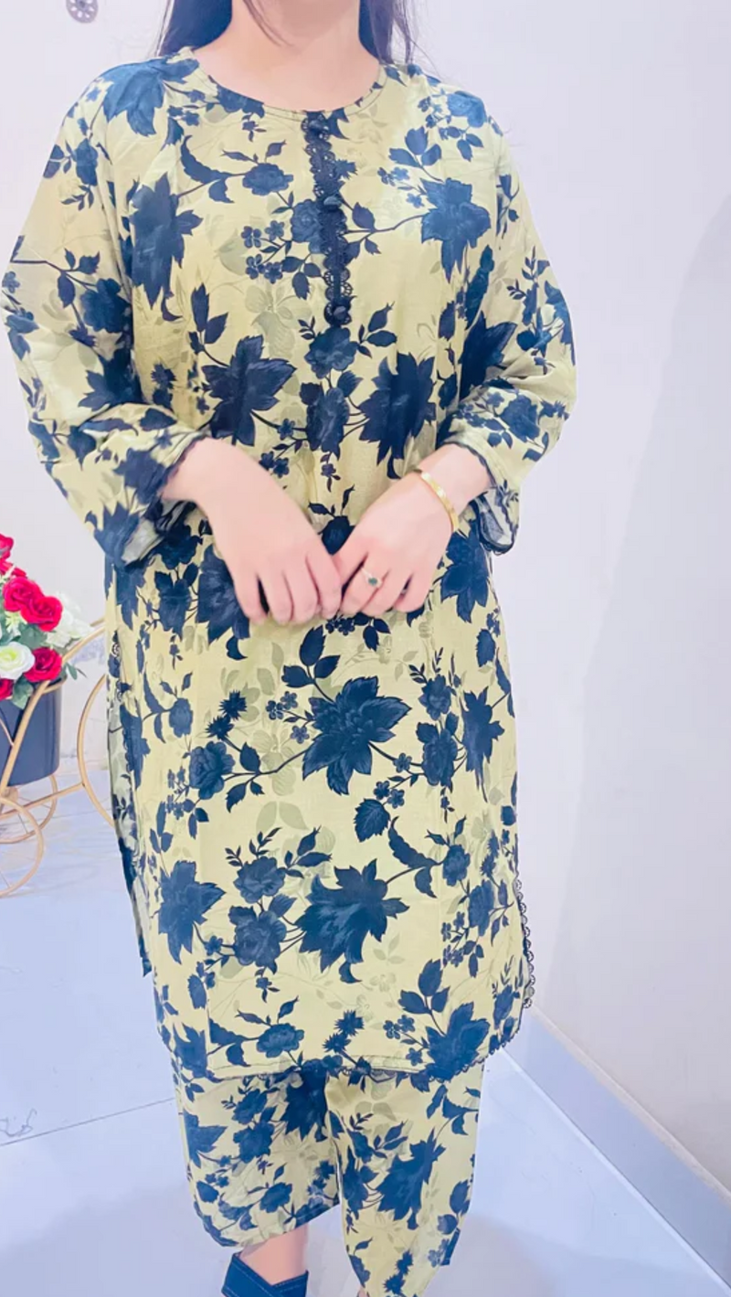 Printed 2pc Suit with Lace Detailing