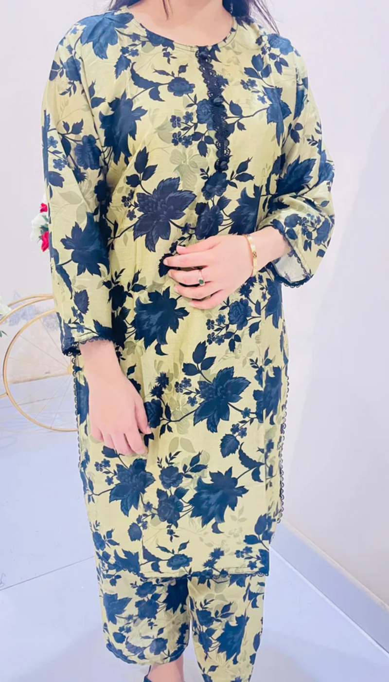 Printed 2pc Suit with Lace Detailing