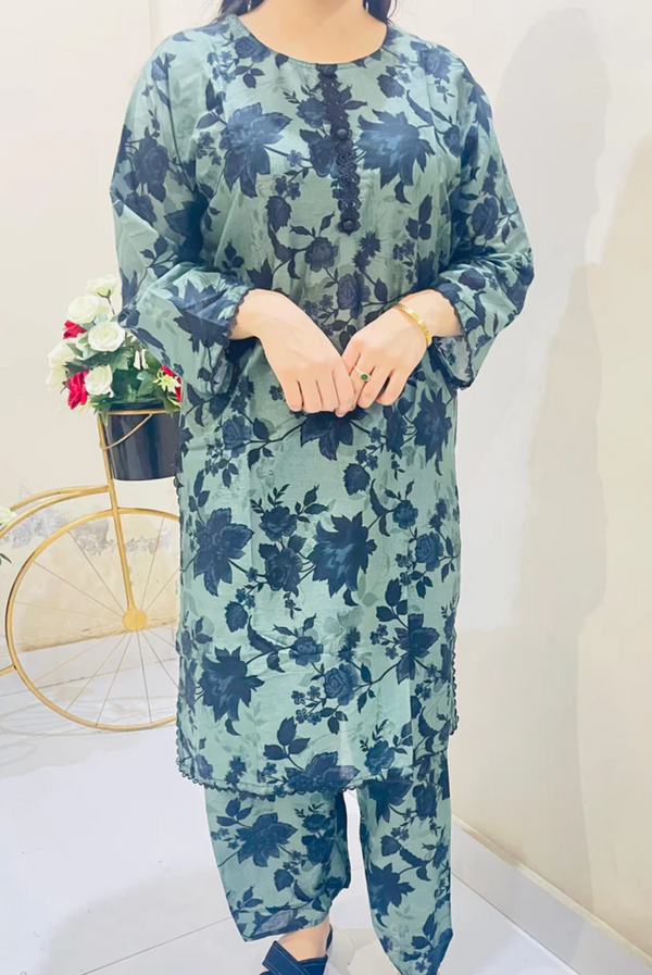 Printed 2pc Suit with Lace Detailing
