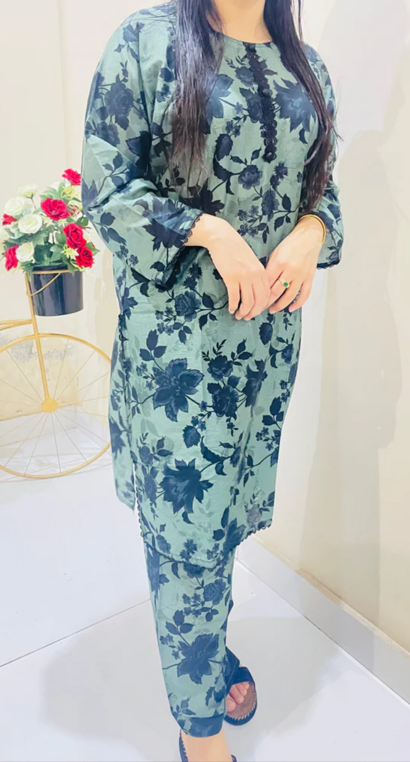 Printed 2pc Suit with Lace Detailing