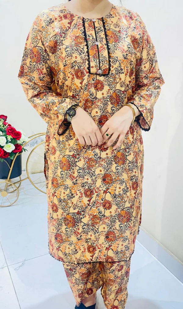Printed 2pc Suit with Lace Detailing