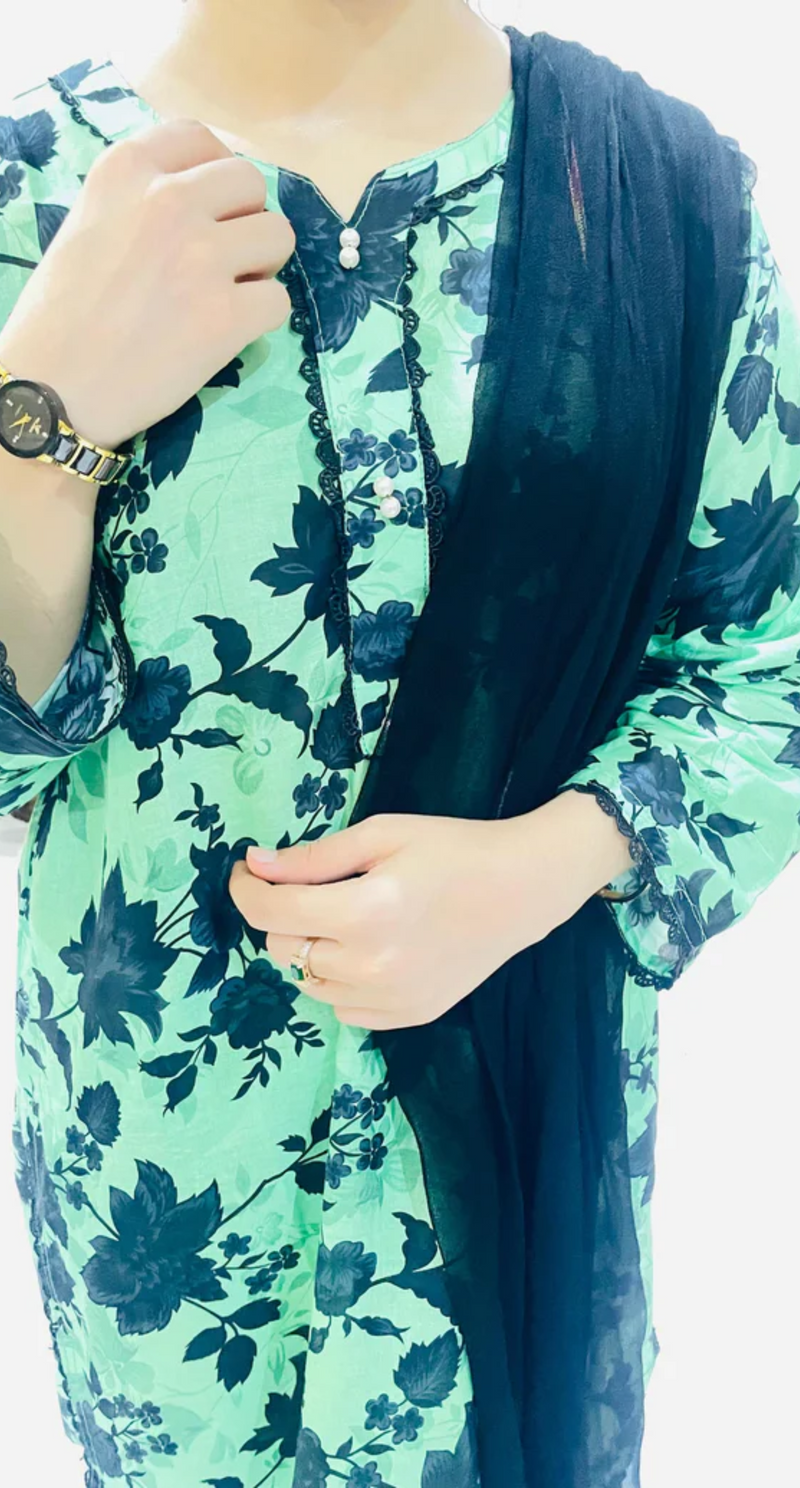Printed 2pc Suit with Lace Detailing
