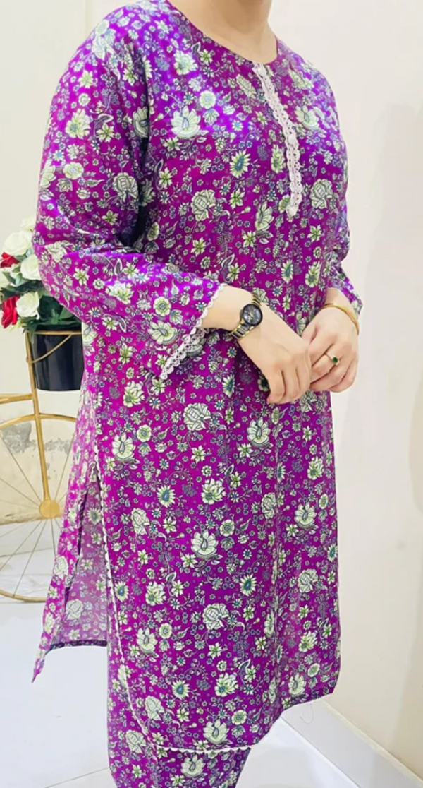 Printed 2pc Suit with Lace Detailing