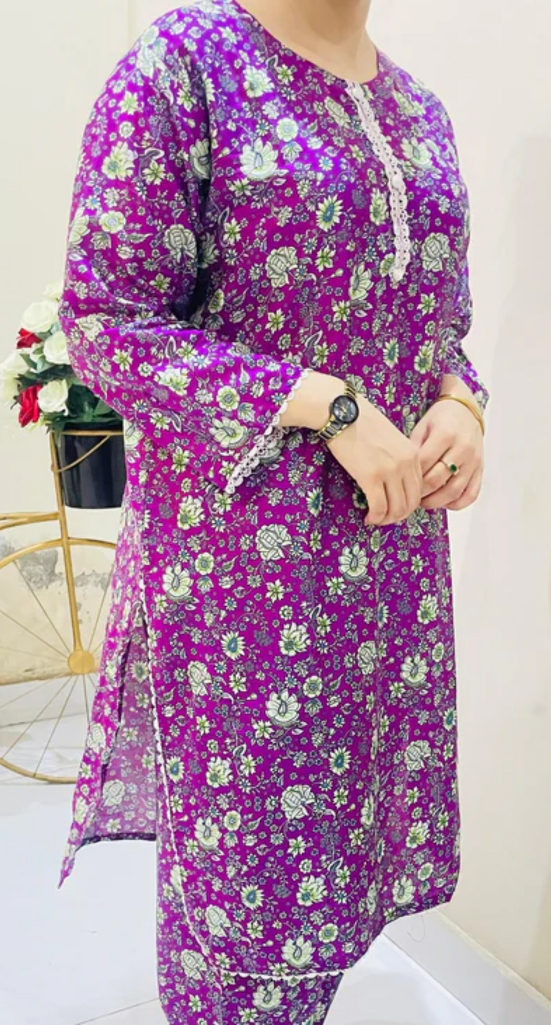Printed 2pc Suit with Lace Detailing
