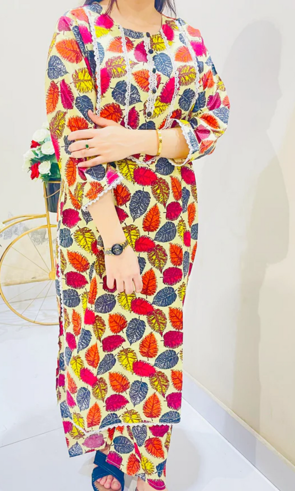 Printed 2pc Suit with Lace Detailing