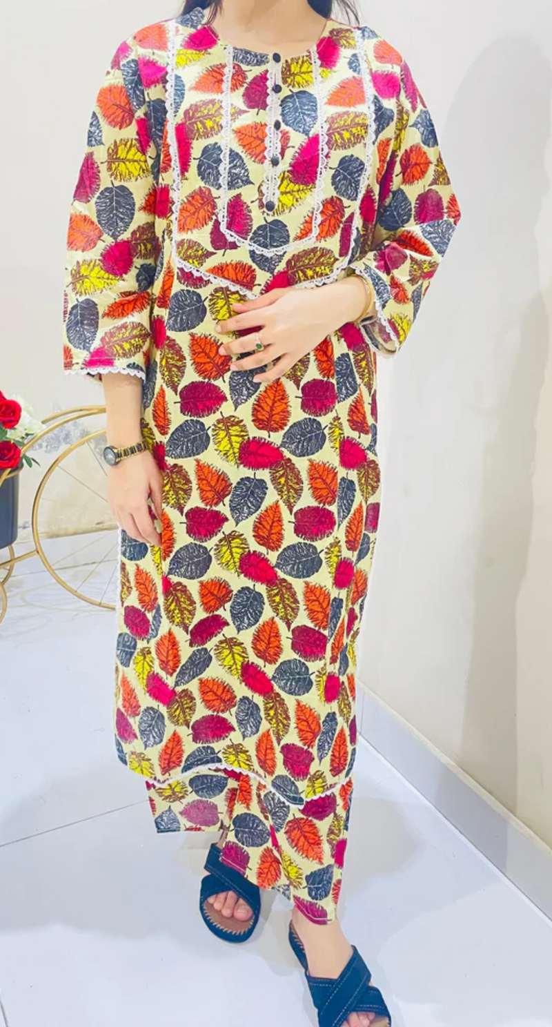 Printed 2pc Suit with Lace Detailing