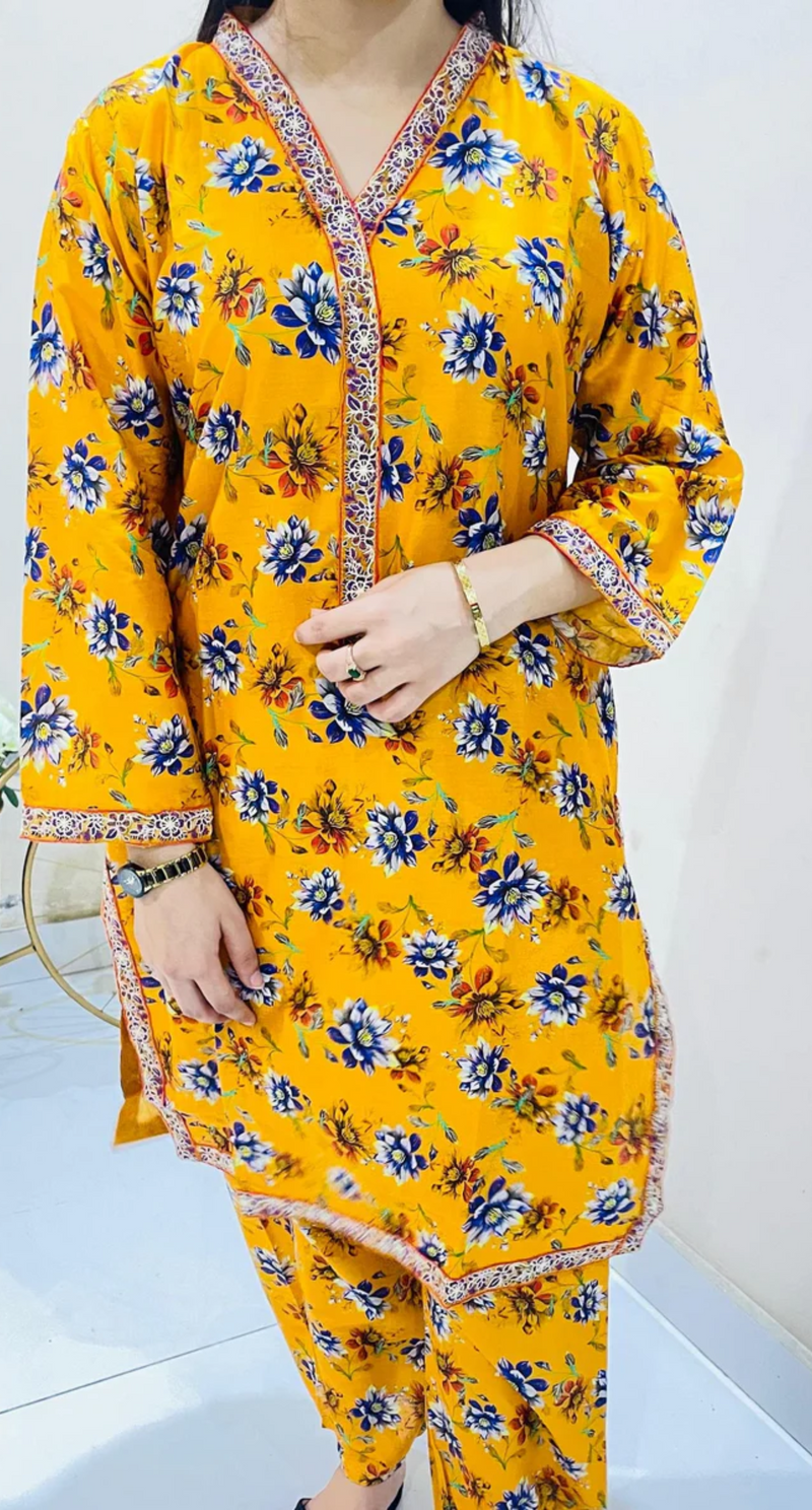 2pc Printed Suit with Embroidered Border
