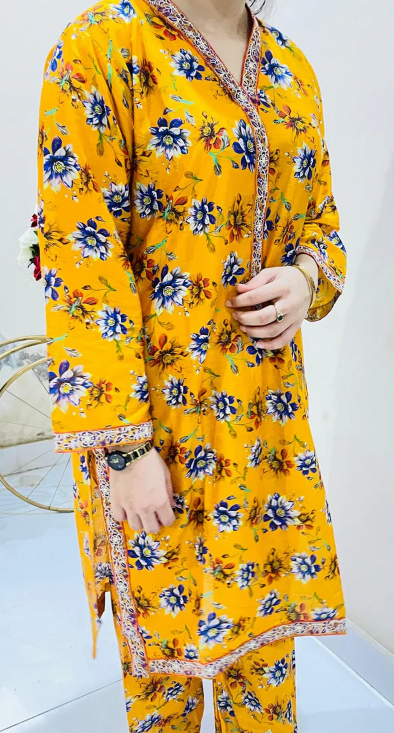 2pc Printed Suit with Embroidered Border