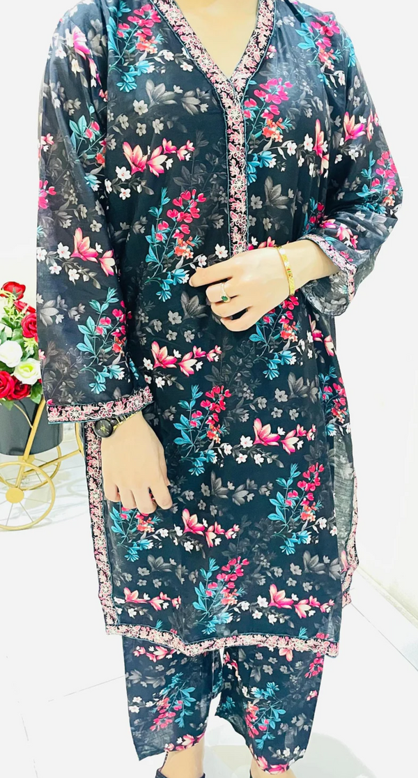 2pc Printed Suit with Embroidered Border