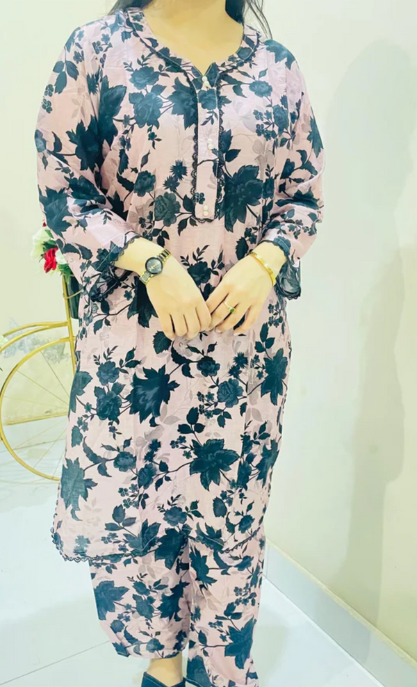 Printed 2pc Suit with Lace Detailing