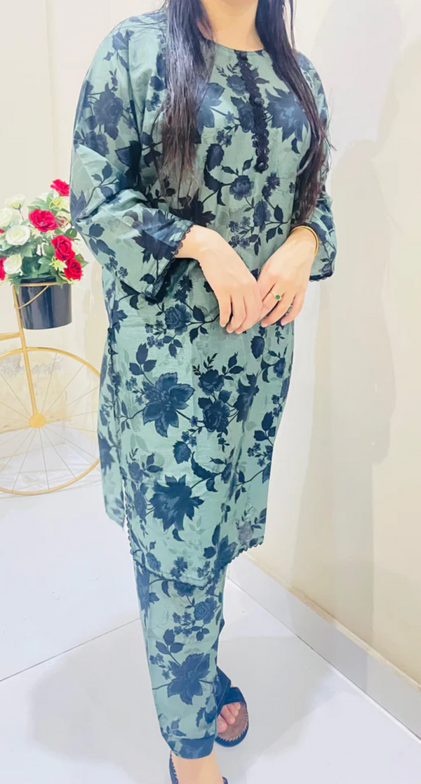 Printed 2pc Suit with Lace Detailing