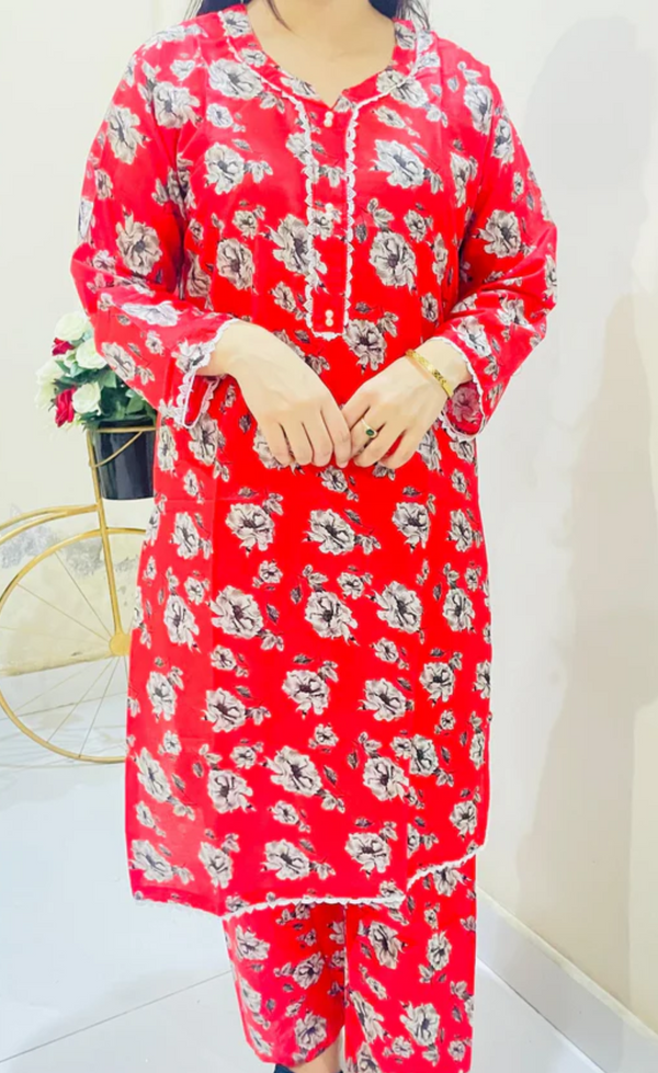 Printed 2pc Suit with Lace Detailing