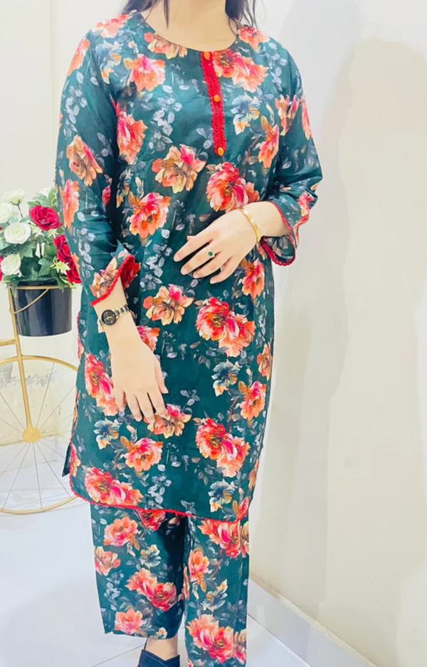 Printed 2pc Suit with Lace Detailing
