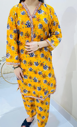 2pc Printed Suit with Embroidered Border