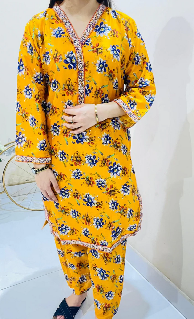 2pc Printed Suit with Embroidered Border