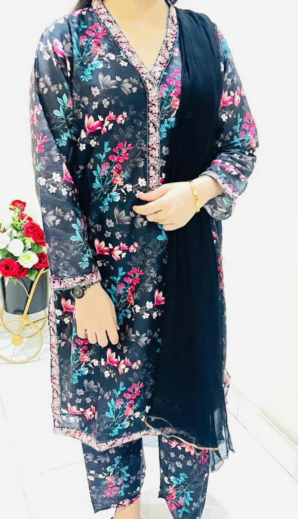 2pc Printed Suit with Embroidered Border