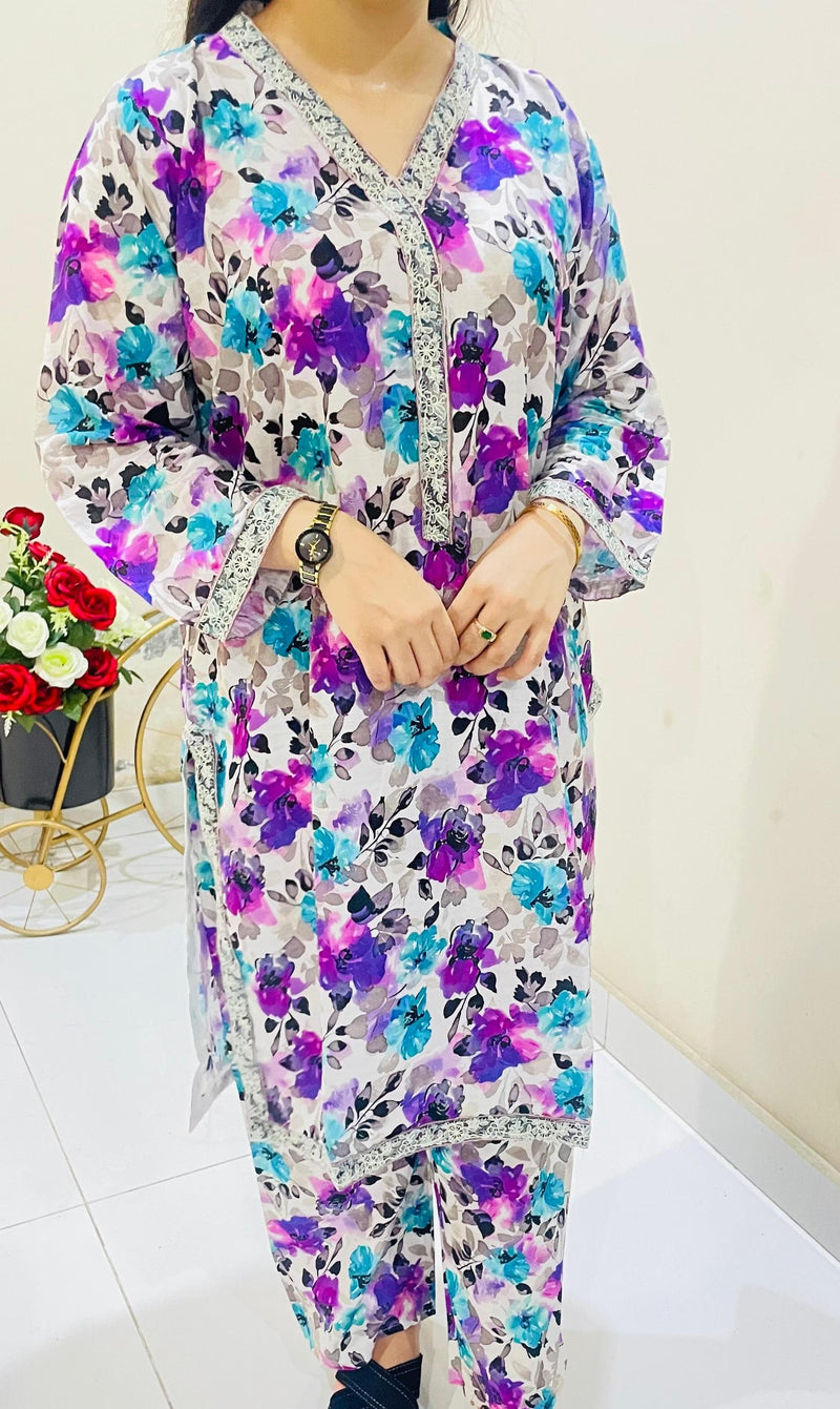 2pc Printed Suit with Embroidered Border