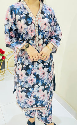 2pc Printed Suit with Embroidered Border