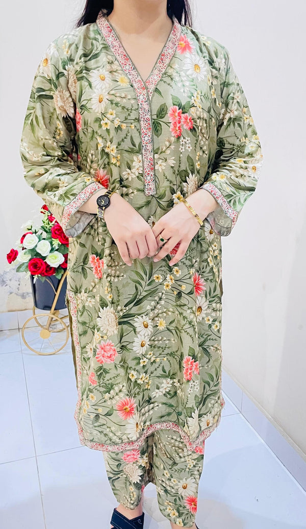 2pc Printed Suit with Embroidered Border