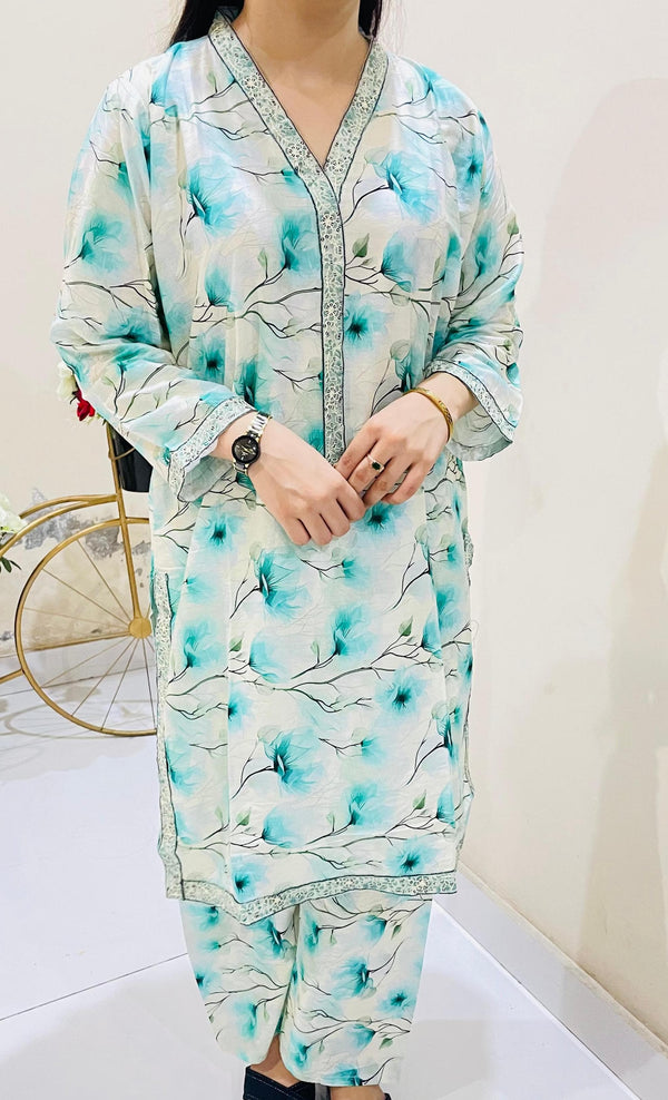 2pc Printed Suit with Embroidered Border