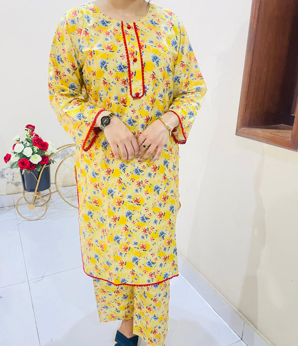 Printed 2pc Suit with Lace Detailing
