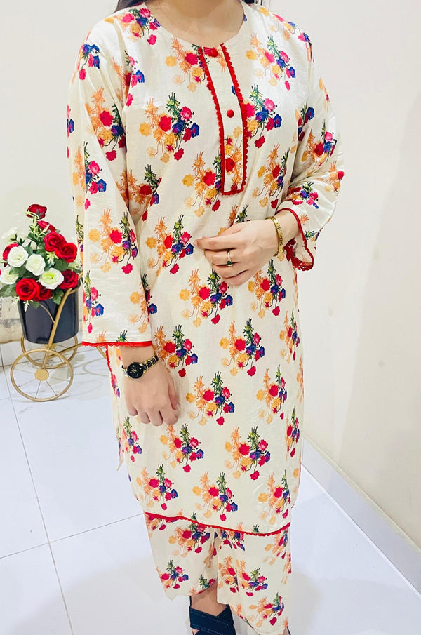 Printed 2pc Suit with Lace Detailing