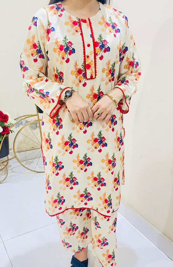 Printed 2pc Suit with Lace Detailing