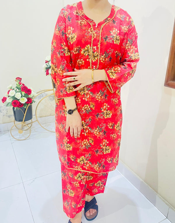 Printed 2pc Suit with Lace Detailing
