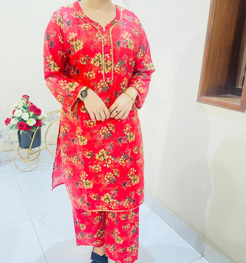 Printed 2pc Suit with Lace Detailing