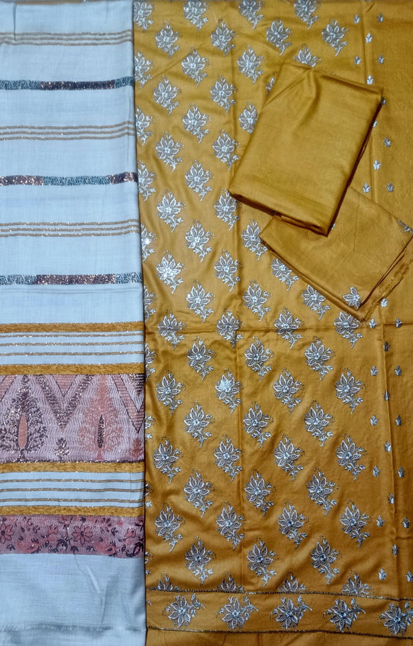 DHANAK 3PC EMBROIDERED SHIRT WITH WOOL SHWAL  & TROUSER