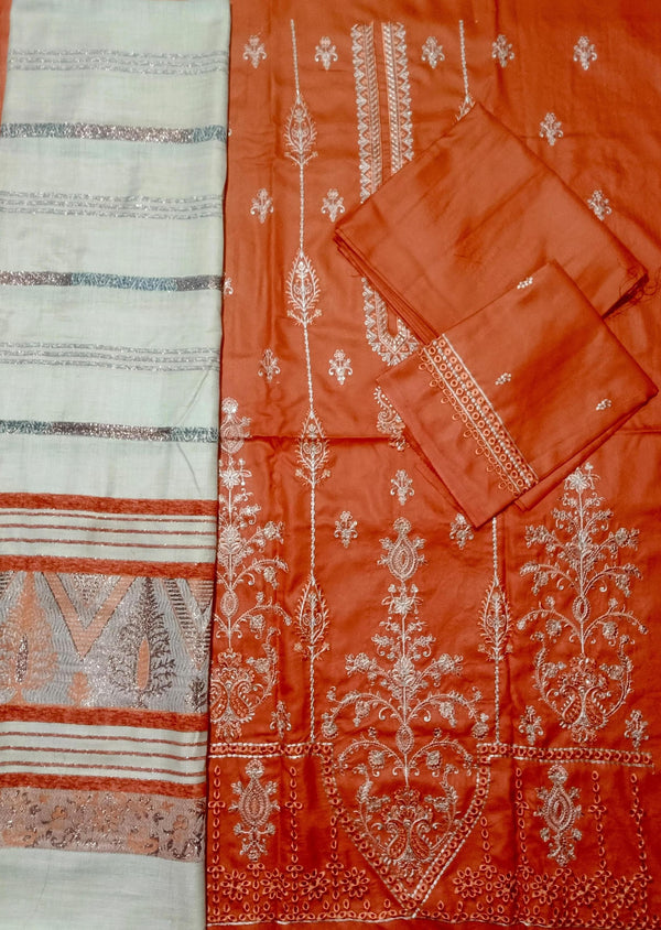 DHANAK 3PC EMBROIDERED SHIRT WITH WOOL SHWAL  & TROUSER