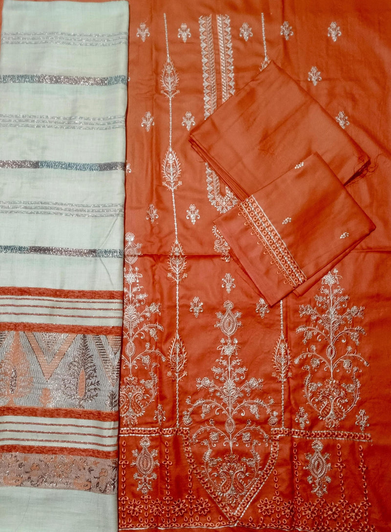 DHANAK 3PC EMBROIDERED SHIRT WITH WOOL SHWAL  & TROUSER