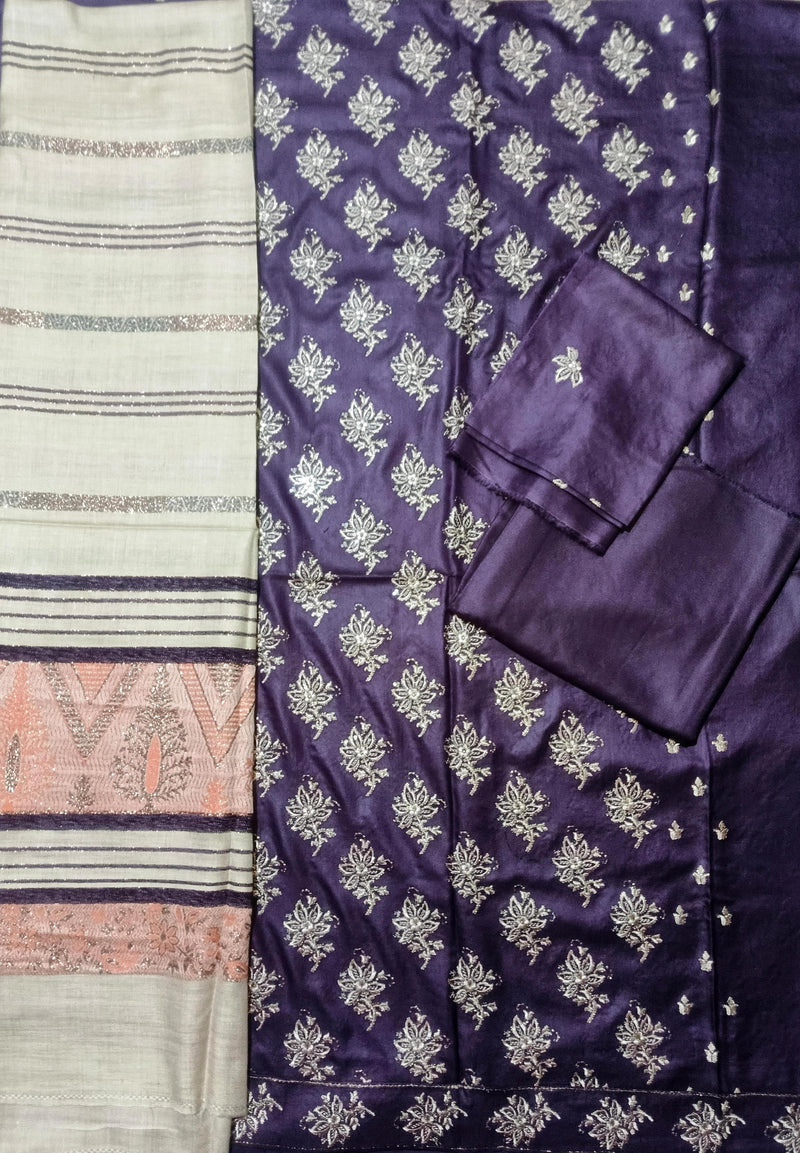 DHANAK 3PC EMBROIDERED SHIRT WITH WOOL SHWAL  & TROUSER