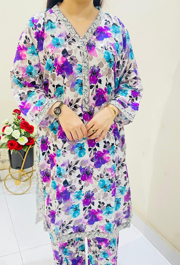 2pc Printed Suit with Embroidered Border