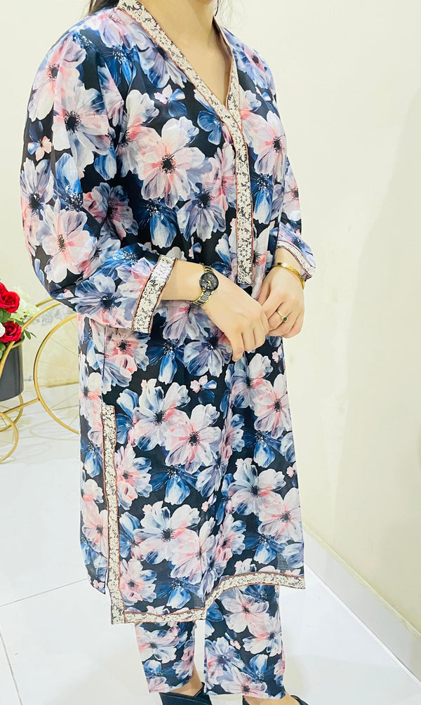 2pc Printed Suit with Embroidered Border