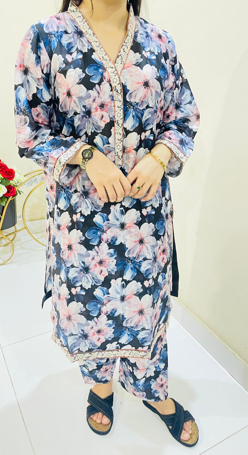 2pc Printed Suit with Embroidered Border
