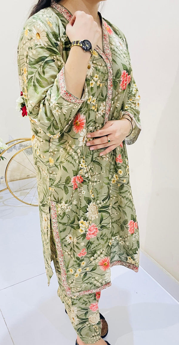 2pc Printed Suit with Embroidered Border