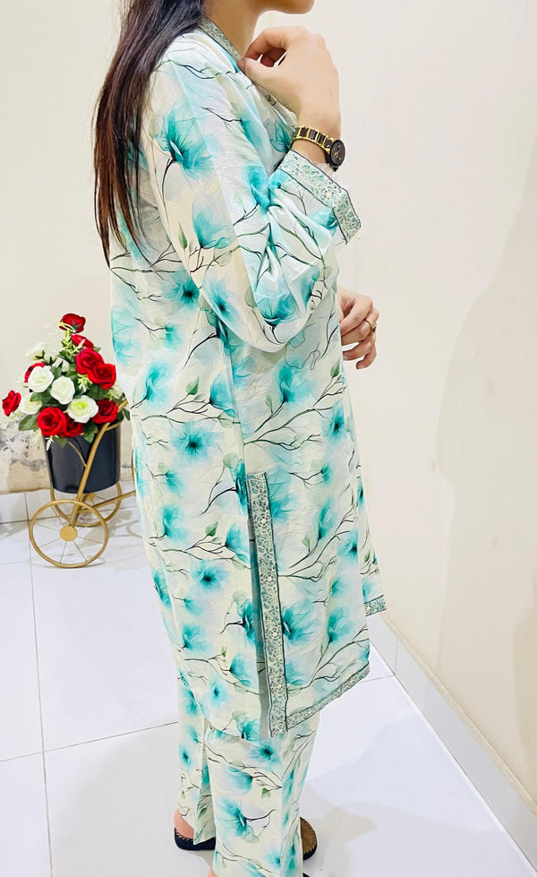 2pc Printed Suit with Embroidered Border