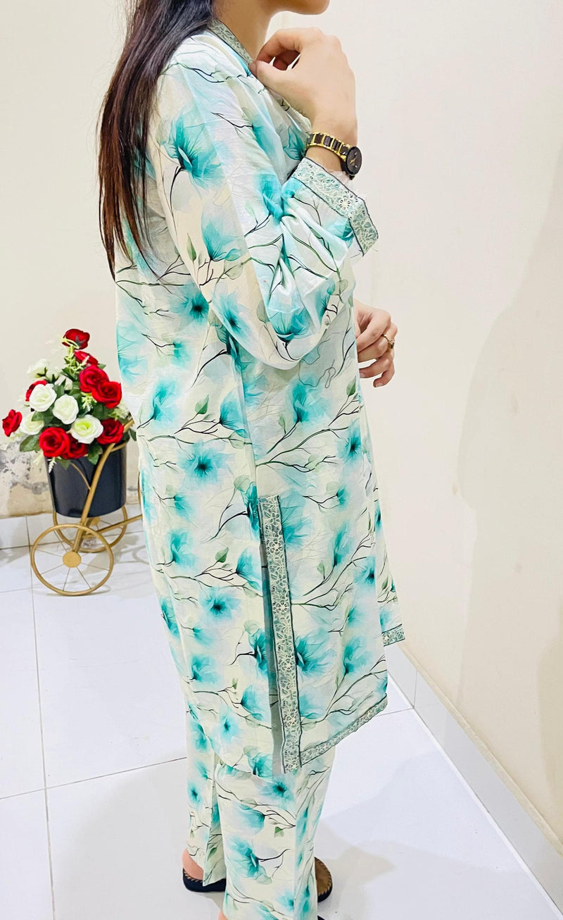 2pc Printed Suit with Embroidered Border